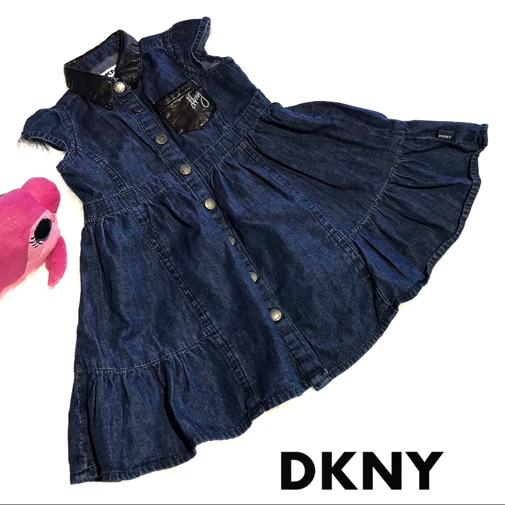 🌸DKNY 12M Girls Denim Dress Faux Leather Pockets
